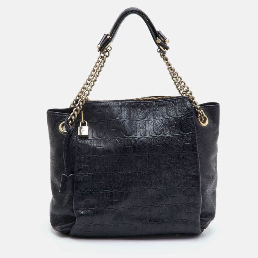 Ch Carolina Herrera Black Monogram Embossed Leather Chain Tote